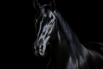 Portrait of a dark beautiful well-groomed horse on a black background