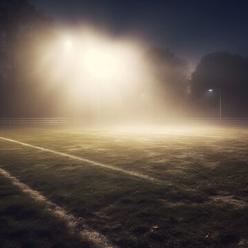 Soccer field at night with lights and fog