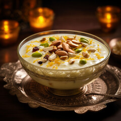 a bowl of delectable kheer takes center stage on a sleek white table, This creamy rice pudding is generously adorned with slivers of almonds, pistachios, and delicate strands of saffron