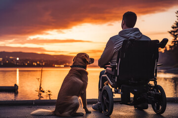 Young man with disability on a wheelchair with his service dog right beside him with sunset in background, medical service dog with owner