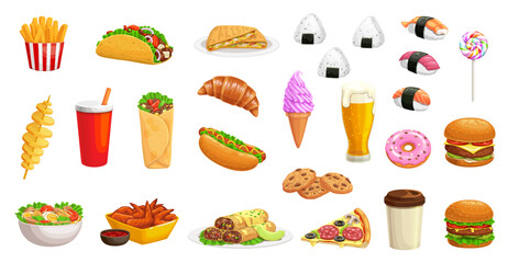 Cartoon fast food burger, drinks and pizza, hamburger and sandwiches, vector icons. Junk food or fastfood chicken and popcorn snack, soda or coffee, burrito and sushi with ice cream for fast food menu