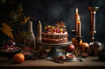 Obraz na płótnie Canvas Autumn party cake table. Food holiday fall dessert. Generate Ai
