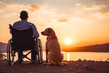 Young man with disability on a wheelchair with his service dog right beside him with sunset in background, medical service dog with owner