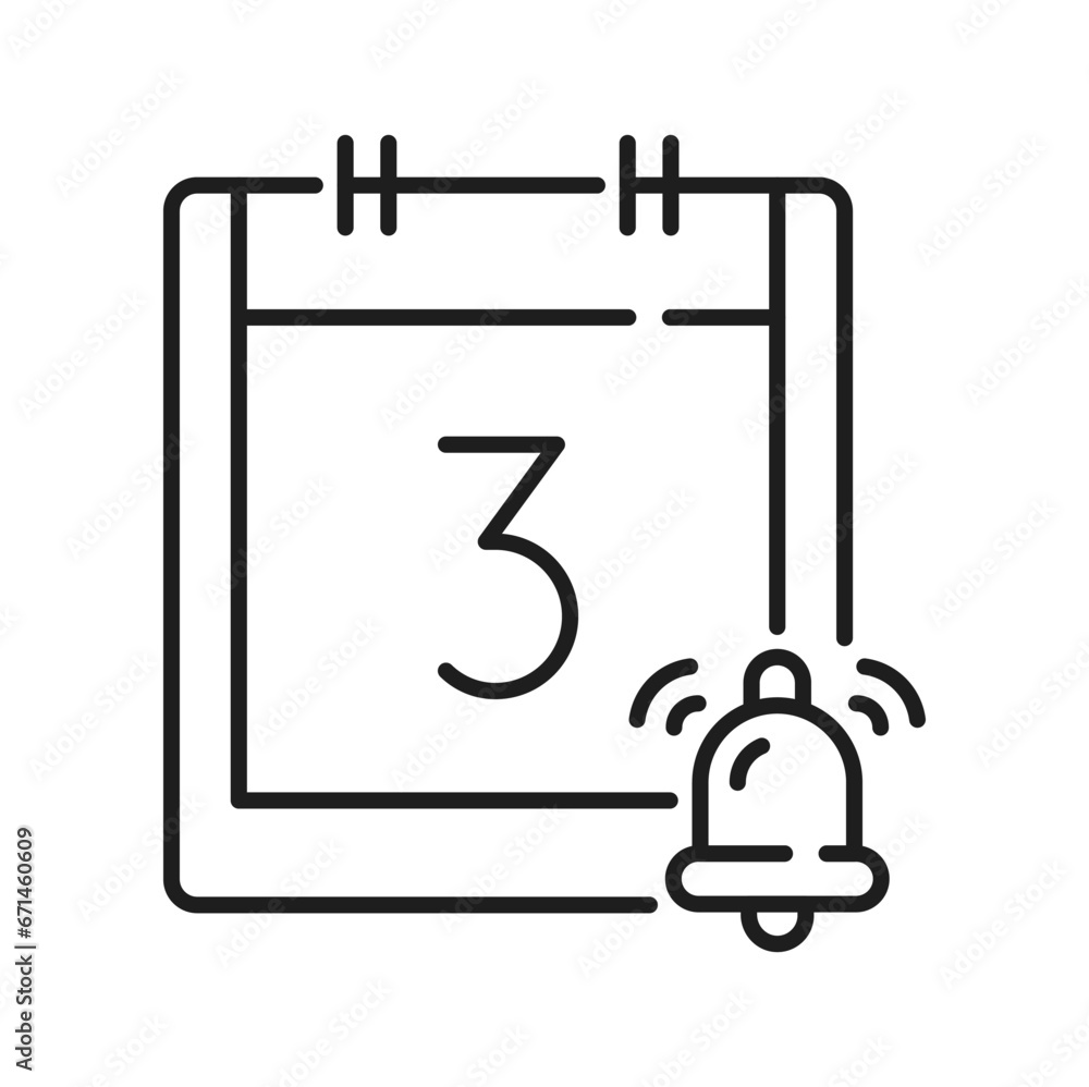 Poster calendar check date, bell reminder isolated outline icon. vector calendar or event remember notifica