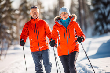 Older caucasian couple moving in sync while cross country skiing in winter idyllic, sport activity in winter, spending quality time together