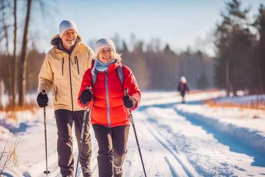 Older Caucasian Couple Moving In Sync While Cross Country Skiing In Winter Idyllic, Sport Activity In Winter, Spending Quality Time Together