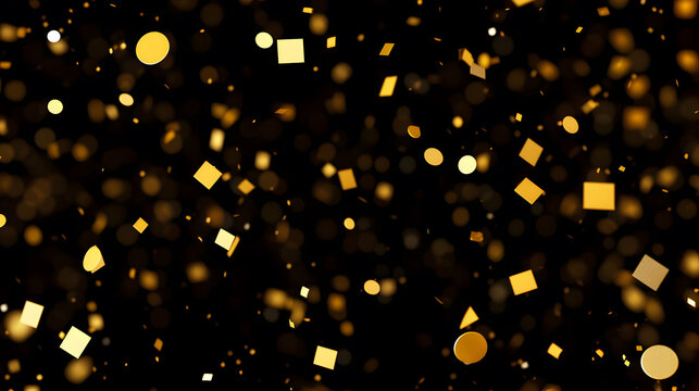 Gold glitter texture on blackbackground. Golden explosion of confetti. Golden grainy abstract texture on black background.