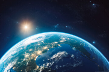 Fototapeta na wymiar Beautiful shot of planet earth from space with starts surrounding it and sun circling around