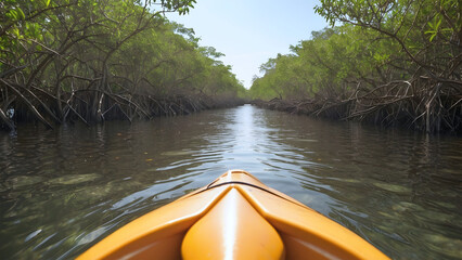 Fototapeta premium A yellow kayak's prow in the mangrove forest.