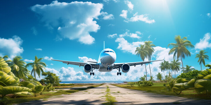 an airplane lands or takes off on a runway in a southern country on a sunny day