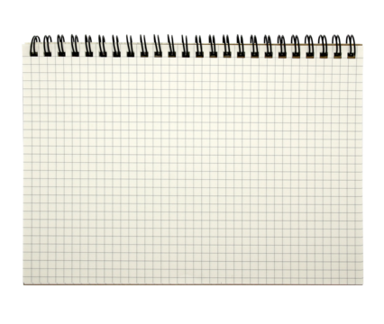 The notebook has grid lines with a looped spine on transparent background png file