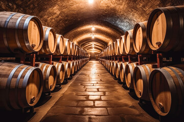 Rows of old wooden casks in a wine cellar, long hall of stored wine in the wine basement, wine storage for taste testing and sale