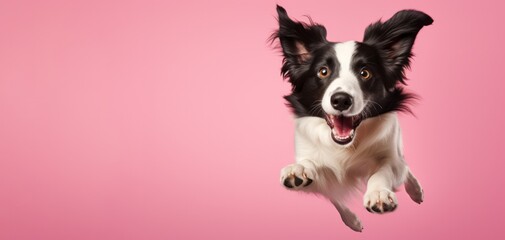 border collie dog jumping on pink background horizontal banner copy space left