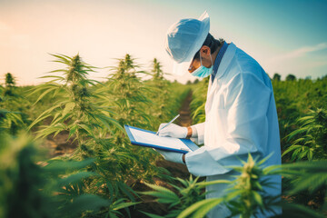 Scientist wearing safety gear and mask while examining and testing herb field, cannabis field in testing by a researcher - obrazy, fototapety, plakaty