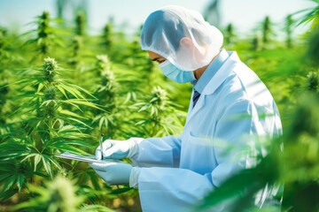 Scientist wearing safety gear and mask while examining and testing herb field, cannabis field in testing by a researcher
