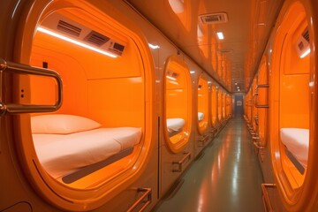 Obraz premium Futuristic interior of a train with sleeping pods. Capsule hotel interior in future airport with neon orange light. 