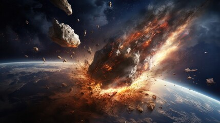 asteroid hitting earth disaster space illustration horizontal banner - obrazy, fototapety, plakaty