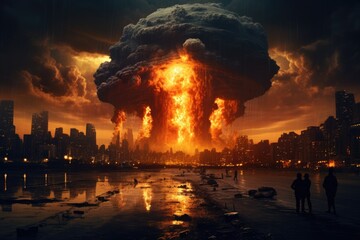 Nuclear explosion in the city during world war. - obrazy, fototapety, plakaty