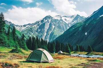Tourist camping tent surrounded by stunning nature of mountains in the background, nature lover, adventure camping, foreground