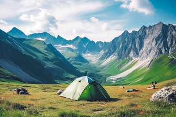 Tourist camping tent surrounded by stunning nature of mountains in the background, nature lover, adventure camping, foreground - obrazy, fototapety, plakaty