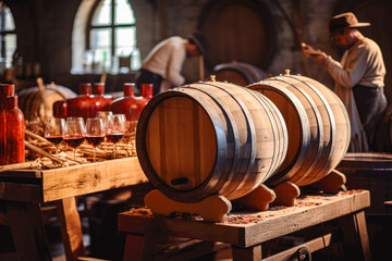 Wooden cask bound by metal hoops and cellar master pouring red wine and preparing for tourist taste testing, wine cellar