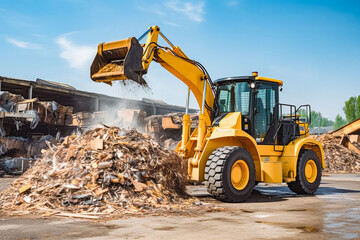 Yellow wheel loader with lifted scrap grapple moving a pile of garbage on construction site, construction work vehicle - obrazy, fototapety, plakaty