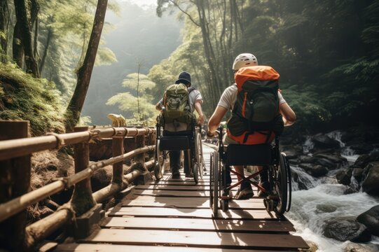 diverse people with reduced mobility using wheelchairs traveling in nature on adventure. Active lifestyle and inclusivity.