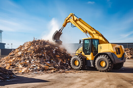 Yellow wheel loader with lifted scrap grapple moving a pile of garbage on construction site, construction work vehicle