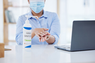 Covid, business woman at desk and hand sanitizer for hygiene and safety, protection against virus....