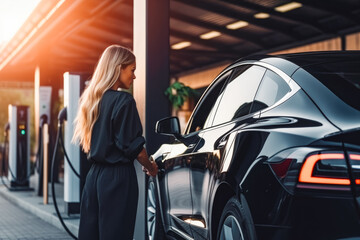 Fototapeta na wymiar Beautiful young woman charging her electrical black car in a public charging station, future of mobility, charging station for cars