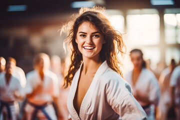 Beautiful young woman in her white kimono training karate or jiujitsu or judo or wrestling and smiling, asian martial art group training