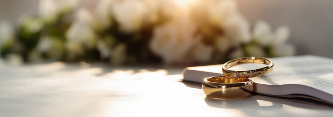 Two golden rings with contract for married concept. Happy long lasting marriage concept. bond with a contract Copy space