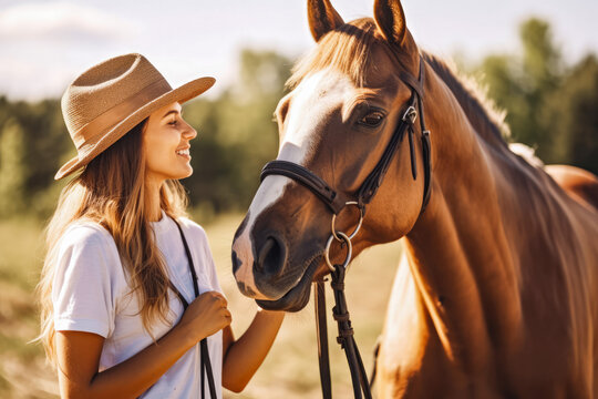 Beautiful young female jockey enjoying company of her brown horse at the country side, wearing hat and ready to train