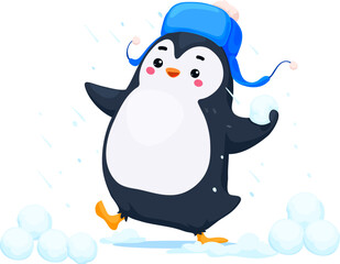 Cartoon cute funny penguin character wearing ear flaps hat, having fun throwing snowballs. Vector playful, and amusing baby bird personage playing snow battle bringing joy in the winter wonderland