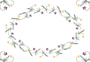 Naklejka na ściany i meble Watercolor hand drawn illustration, magical star flowers with textured effect. Wreath frame circle border Isolated on white background. For kids, children bedroom, fabric, linens print, invitation