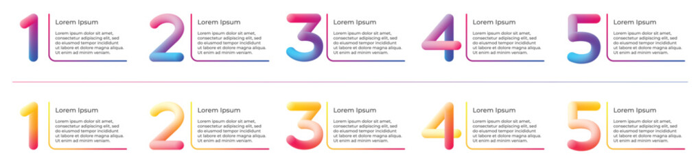 Infographic label template with five step icons and text box, Colorful. For presentations, infographics, flowcharts.