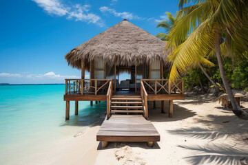 Private of tropical beach hut over turquoise sea water on Tropical Island