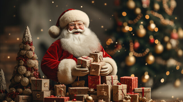 Santa Claus reads letters and prepares gifts, magical Christmas night