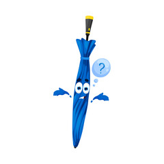 Cartoon blue umbrella, vector folded parasol personage shrug with confused face and question mark. Charming bumbershoot accessory forecast climate. Rain cover for kids book or game, app emoticon - obrazy, fototapety, plakaty