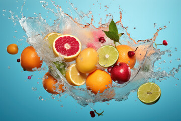 Colorful Fruit with water splashing in a studio setup on pastel background. Healthy organic fresh food concept. Generative AI