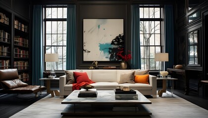Vibrant Comfort: White Sofa with Red, Orange, and Grey Pillows, Bookshelf, and Beautiful Painting