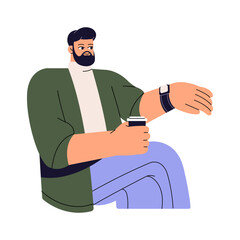 Time management concept. Worker on coffee break looking on watch, planning work clock. Freelancer sitting, hold drink cup. Efficient, productivity lifestyle. Flat isolated vector illustration on white