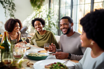 African American family dinner during thanksgiving day. Happy people celebrating holiday, eating and laughing together