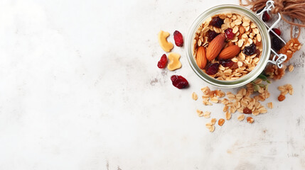 Ingredients for homemade oatmeal granola in a glass jar.