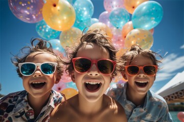 Portrait of three fashion trendy happy teen boy kids children in the swimming pool, bright sunglasses, colorful swimwear, carefree day, pool party
