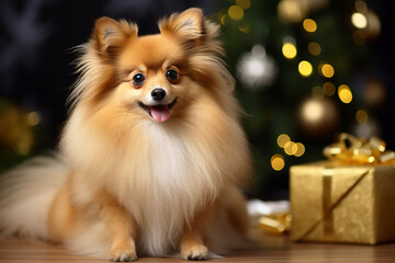 Portrait of a little cute dog at home at christmas with gifts and bokeh, christmas concept
