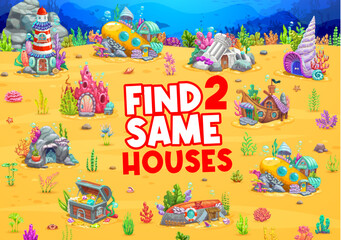 Find two same underwater house buildings on sea fairytale landscape, vector quiz game for kids. Ocean cartoon dwellings in sunken bathyscaphe, seashell and boat in undersea find and match puzzle game