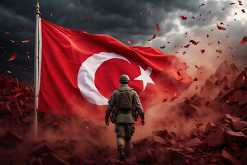 A man in military uniform walks towards the flag of Turkey, war concept. - obrazy, fototapety, plakaty