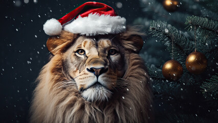 A lion in a Santa Claus hat on a New Year's background.
