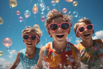 Portrait of three fashion trendy happy teen boy kids children in the swimming pool, bright sunglasses, colorful swimwear, carefree day, pool party